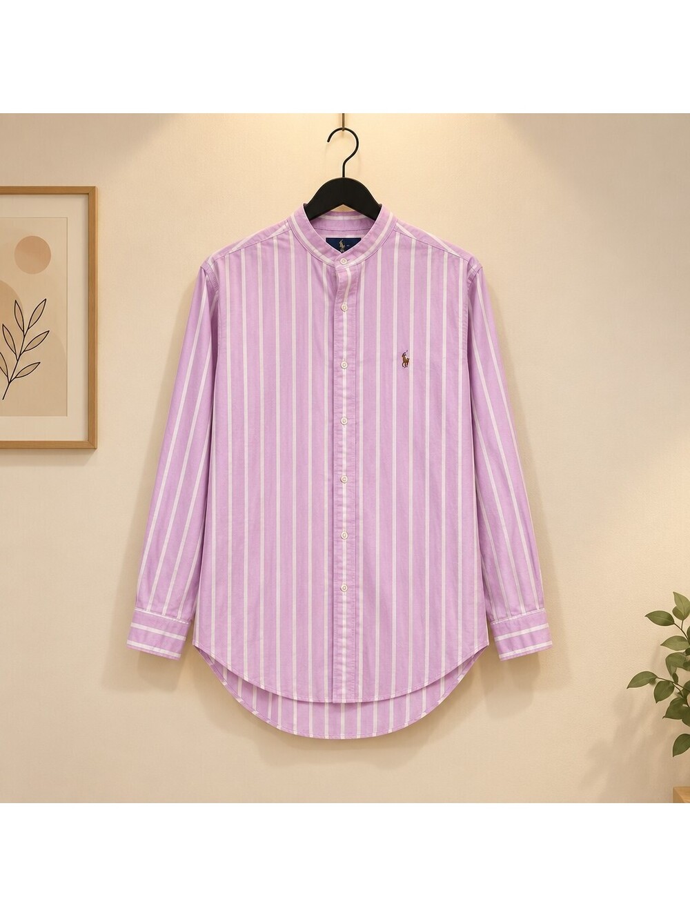 Ralph Lauren Pink and White Striped Cotton Button-Up Shirt with Mandarin Collar